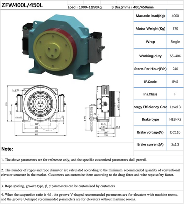 ZFW400L S Dia.400 / 450mm Elevator Machine Lift Hoisting Motor Elevator Traction System
