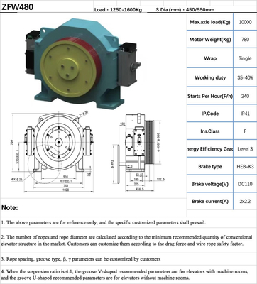 Permanent Magnet Synchronous Motor Control Geared Elevator Machine Dia 450 / 550mm